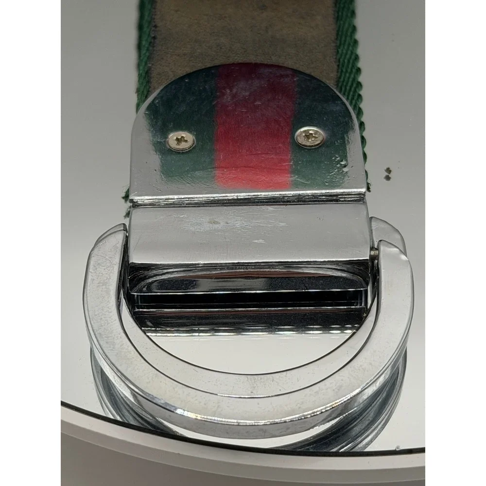 Gucci Green Red Web Stripe Canvas Belt Silver D-Ring Buckle 50 Inch